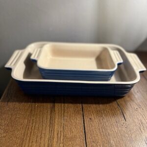 2- LE Creuset Small 5×7 & Medium 10x7 Blue Casserole Stoneware Baking Dishes